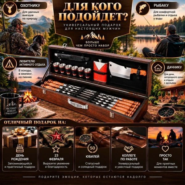 Набор походный (шампура 6шт,стопки 6шт,ножи 2шт,фляжка) нерж.сталь в дерев. ящике большой 2К-306 (1)