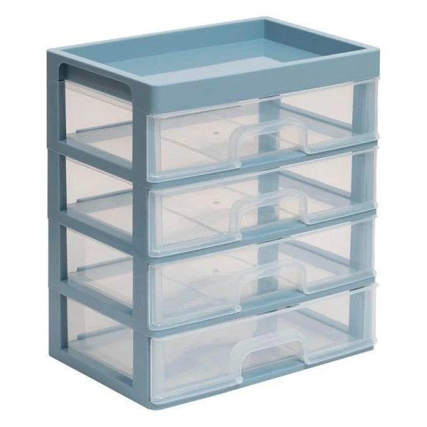 Органайзер для мелочей 4 ящика 258*178*292мм пластик серо-синий/прозрачный (4)