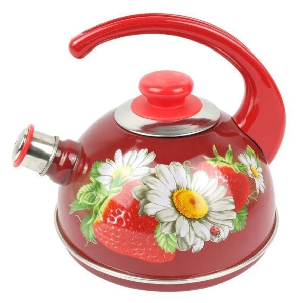 Чайник со свистком 2,5л эмаль КЛУБНИКА С РОМАШКОЙ бордо конс.ручка красная декор нерж (4)