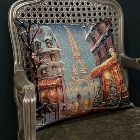 Наволочка декоративная новогодняя 45*45см гобелен ЗИМА ПАРИЖ серебряный люрекс