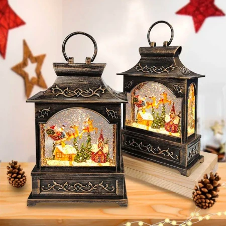 Фонарь с подсветкой  и водой 16,6*8,8*25см пластик/полирезин Новогодняя ночь, работает от батареек 3*АА (не и