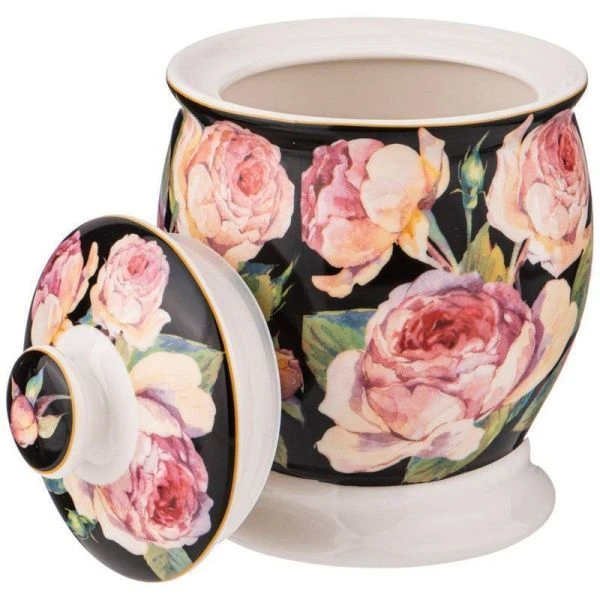 Банка 14см фарфор ВИНТАЖ.ПИОНЫ черная (24)