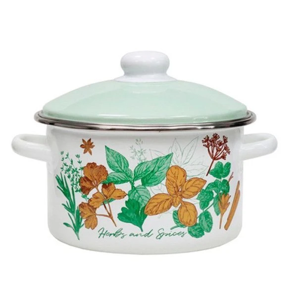 Кастрюля 3л эмаль КУЛИНАРНЫЕ ТРАВЫ белая с рис. 01-Б1612/6 (4)