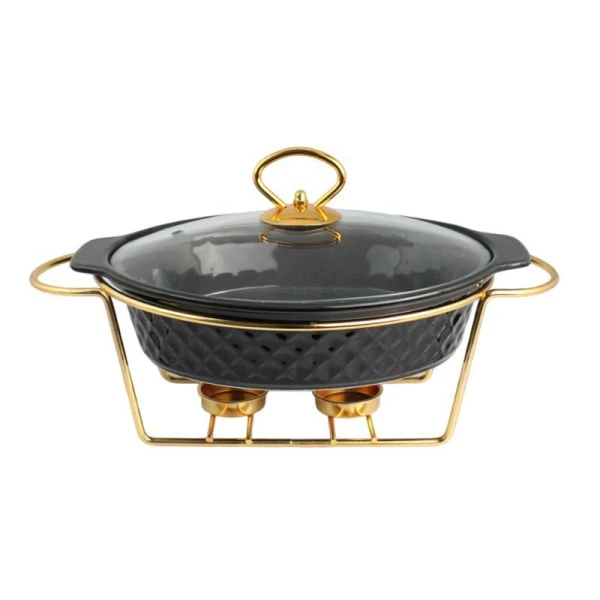 Мармит керамика 1л овальный 2 свечи (стекл.крышка, мет.подставка) BK-7453 (4)