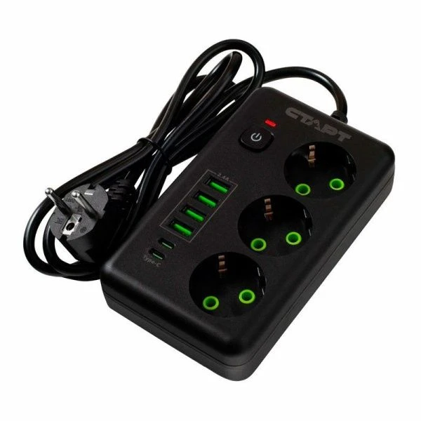 Колодка компактная на 3 розетки пластик 1,5м 10А, 4USB-A, 2USB-C СТАРТ черный (20)