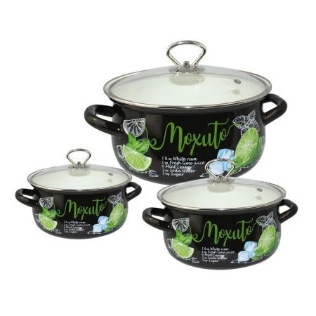 Набор кастрюль 3пр 2/3/4л эмаль МОХИТО-1-ЭКСТРА Стиль стекл.крышки черный сферический
