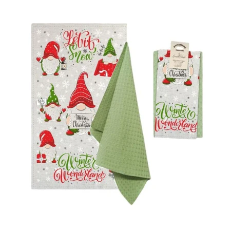 Набор полотенец кухонных 2пр 39*60см полулен+вафельное шелкография Гномы арт.: НК-400