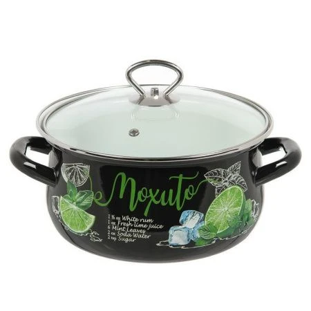 Кастрюля 3л эмаль МОХИТО со стекл.крышкой черная с рис. сферическая 61915-123/4.01-У (4)