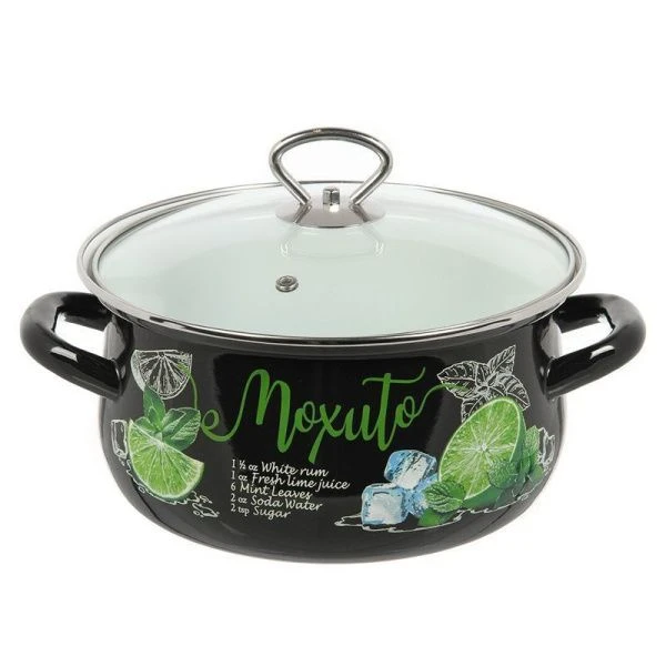 Кастрюля 3л эмаль МОХИТО со стекл.крышкой черная с рис. сферическая 61915-123/4.01-У (4)