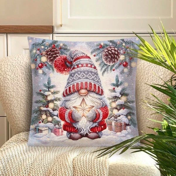 Наволочка декоративная новогодняя 45*45см гобелен ГНОМ со звездой серебряный люрекс