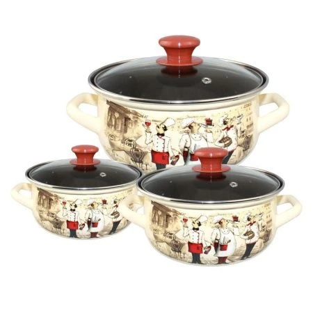 Набор кастрюль 3пр 1,5/2/3л эмаль СОМЕЛЬЕ-ЭКСТРА стекл.крышки слон.кость сферический