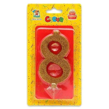 Свеча для торта Золотой глиттер большая Цифра 8 С-1900(12)