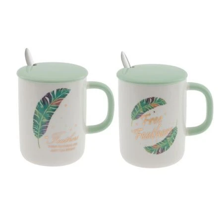 Кружка 400мл фарфор с крышкой и ложкой 12*8*11см 2 вида (60)