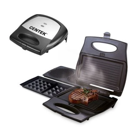 Вафельница/Электрогриль нерж.сталь АП Centek CT-1450 черная 800Вт 3в1 22,6*148,5см (4)