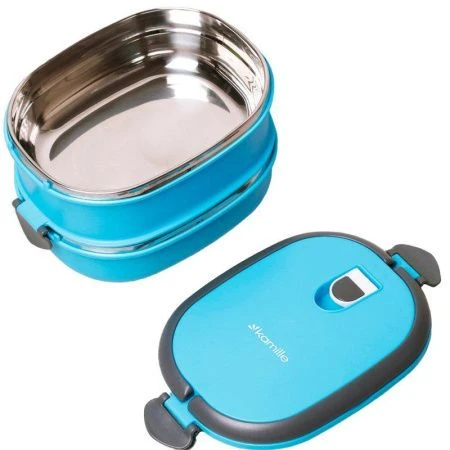 Ланч-бокс 2-х секционный 1,8л 20*14,5*13,5см нерж.сталь/пластик (голубой, салатовый, оранжевый) (36)