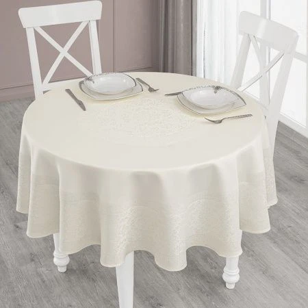 Скатерть 160см жаккард водонепроницаемый круглая Karna DARVIN (Кремовый) Скатерть 160см жаккард водонепроницаемый круглая Karna DARVIN (Кремовый)