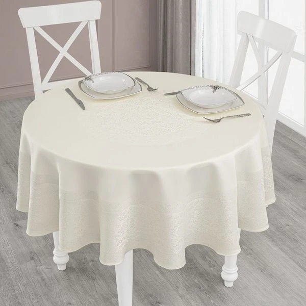 Скатерть 160см жаккард водонепроницаемый круглая Karna DARVIN (Кремовый)