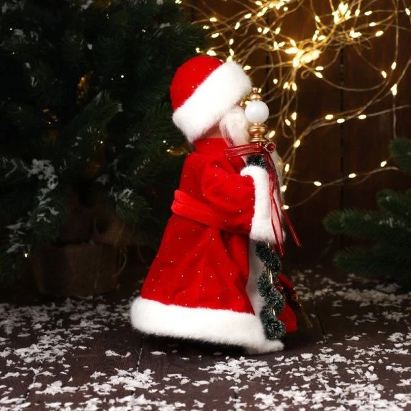 Фигурка новогодняя Дед Мороз в красной шубе с украшенным посохом двигается, с подсветкой 30*16см