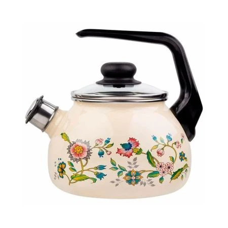 Чайник со свистком 2л эмаль ЛУГОВЫЕ ЦВЕТЫ слон.кость сферический (1) ВЫВОД