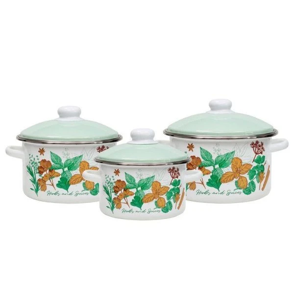 Набор посуды 3пр 2/3/4л эмаль КУЛИНАРНЫЕ ТРАВЫ белый цилиндрический 2-3238/6 (1)