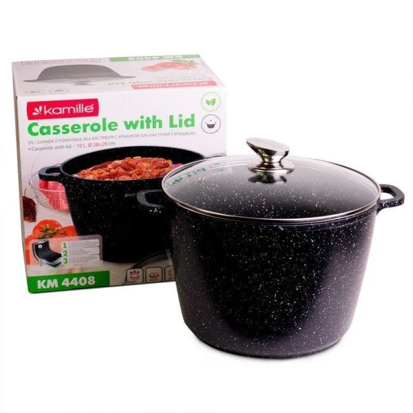 Кастрюля литой 10л алюминий АП со стекл.крышкой 28см h20см черный мрамор (4)