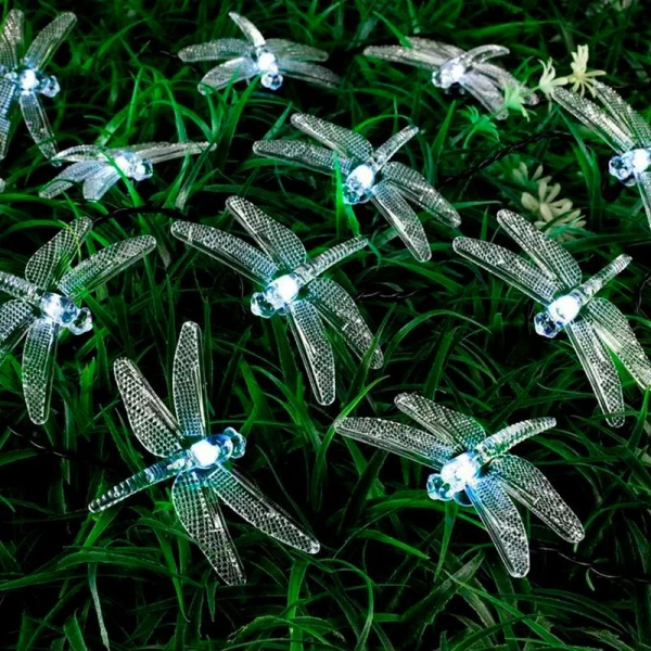 Гирлянда садовая на солнечной батарее пластик 4,5м 30 ламп 2 режима Стрекозы белый свет (50)