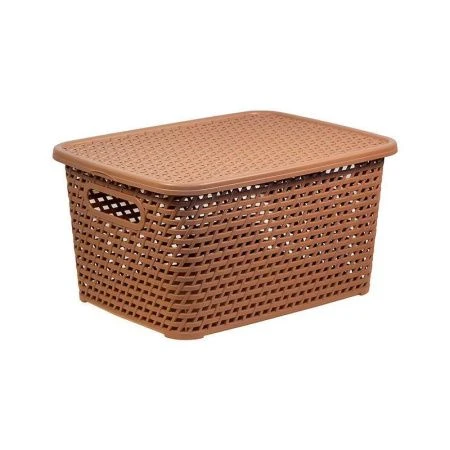 Корзина для хранения 370*280*190мм пластик РОТАНГ Бежевый ротанг с крышкой (6)
