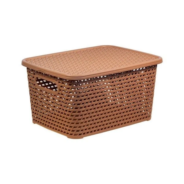 Корзина для хранения 370*280*190мм пластик РОТАНГ Бежевый ротанг с крышкой (6)