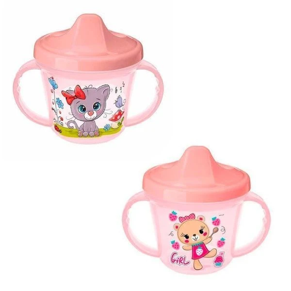 Поильник детский 200мл пластик розовый с ручками и декором (12)