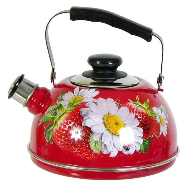 Чайник со свистком 2,5л эмаль КЛУБНИКА С РОМАШКОЙ бордовый подвиж.ручка декор нерж (4) ТМ04/25/01/05