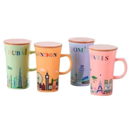 Кружка 400мл 13,7см керамика с крышкой 4 вида