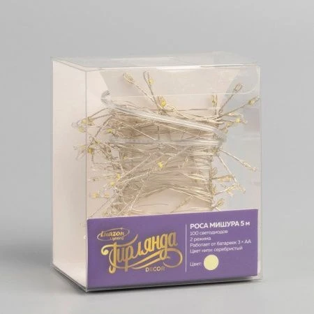 Гирлянда светодиодная Нить Роса 5м ААx3 (не в компл.), 2 режима, теплый белый свет