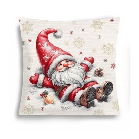 Наволочка декоративная новогодняя 44*44см гобелен ГНОМЫ Поваляться в снегу серебряный люрекс