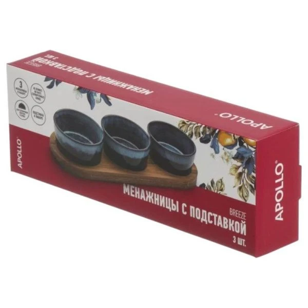 Менажница 3 секции 140мл керамика Breeze на дер.подставке 29*10*1,5см синий BRZ-04 (12)