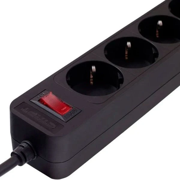 Удлинитель 6 гнезд пластик 5м 0,75кв.мм 10А ПВС с зазем, выкл-ем СТАРТ черный (20)