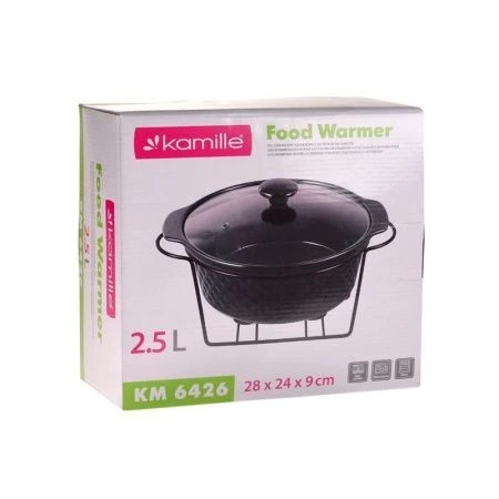 Мармит 2,5л 28*24*9см керамика круглый 2 свечи мет.подставка черный арт.6426 (4)