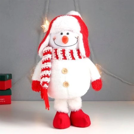 Игрушка мягкая Снеговик в красной шапке-ушанке с бомбошкой 40*17*16см