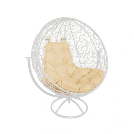 Кресло Кокон Круглый вращающийся с ротангом металл белое, бежевая подушка 139*106*69см