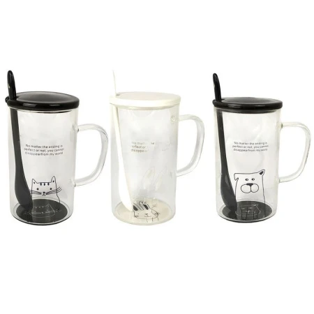 Кружка 300мл стекло с крышкой и ложкой 4 вида подар.уп JC-11376 (60)