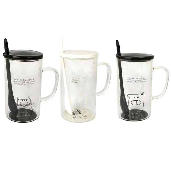 Кружка 300мл стекло с крышкой и ложкой 4 вида подар.уп JC-11376 (60)