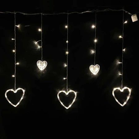 Гирлянда эл. Бахрома Сердца 2,5*0,85м 120LED теплый белый шнур 1м цв.уп JC-15328 (36)