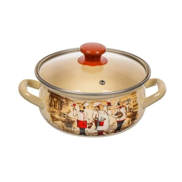 Кастрюля 2л эмаль СОМЕЛЬЕ со стекл.крышкой слон.кость с рис. сферическая 61904-102/4.02-У (4)