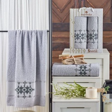 Набор полотенец махровые 2пр 50*80/70*130см MERZUKA OTANTIC светло серый 380гр подар.уп.
