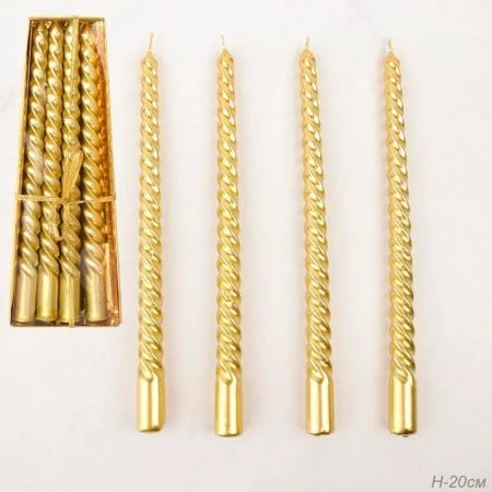 Набор свечей 4шт 20см парафин витые глянцевые золото MG-101 (144)
