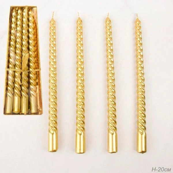 Набор свечей 4шт 20см парафин витые глянцевые золото MG-101 (144)
