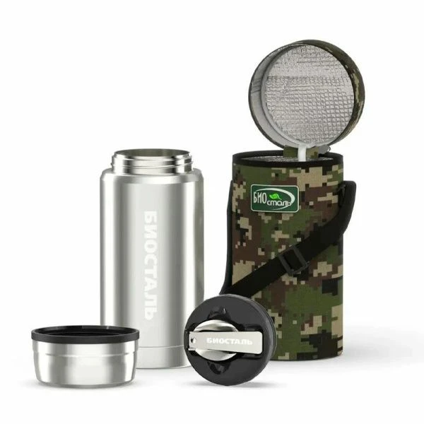 Термос с широким горлом 750мл (16-19ч) нерж.сталь BIOSTAL-ОХОТА с ложкой и термочехлом NTS-750B