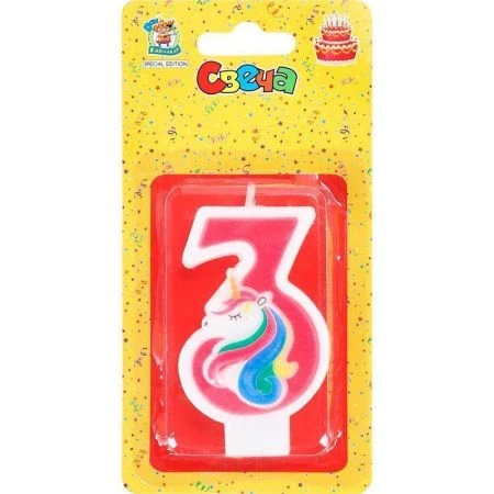 Свеча для торта Милый единорог розовая Цифра 3 С-5937