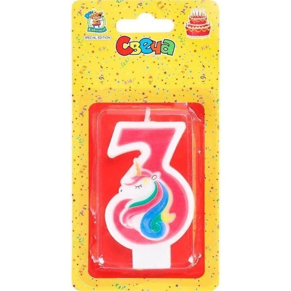 Свеча для торта Милый единорог розовая Цифра 3 С-5937