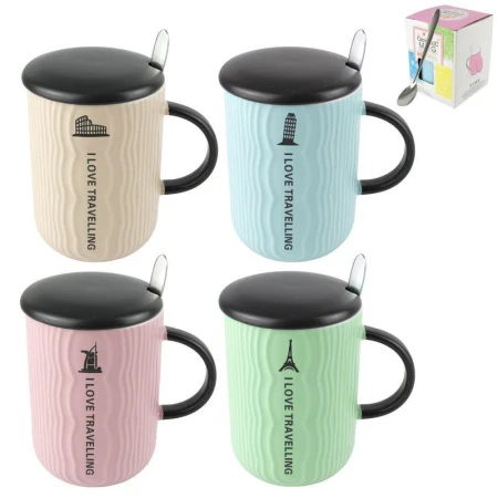 Кружка 450мл керамика с крышкой и мет.ложкой 4 вида JC-10950 (60)