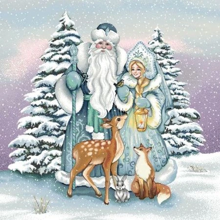 Наволочка декоративная новогодняя 45*45см гобелен СНЕГУРОЧКА, ДЕД МОРОЗ И ОЛЕНЬ